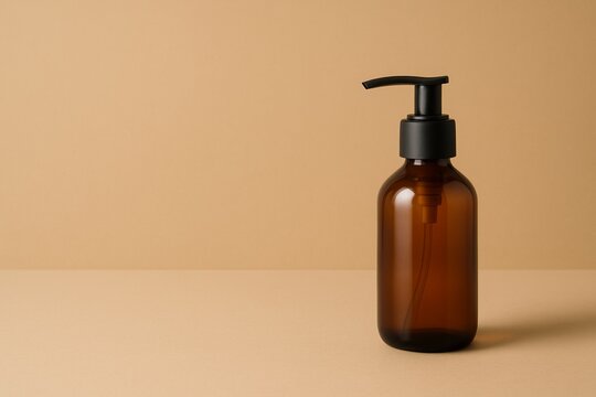 A sleek amber glass pump bottle stands on a soft beige background, ideal for beauty or skincare branding. This AI-generated image is perfect for e-commerce, advertising, or product mockups.