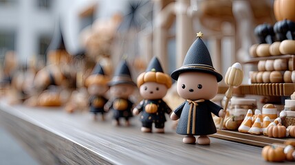 This charming figurine set showcases cute characters in vibrant colors surrounded by spooky decorations creating a fun Halloween vibe