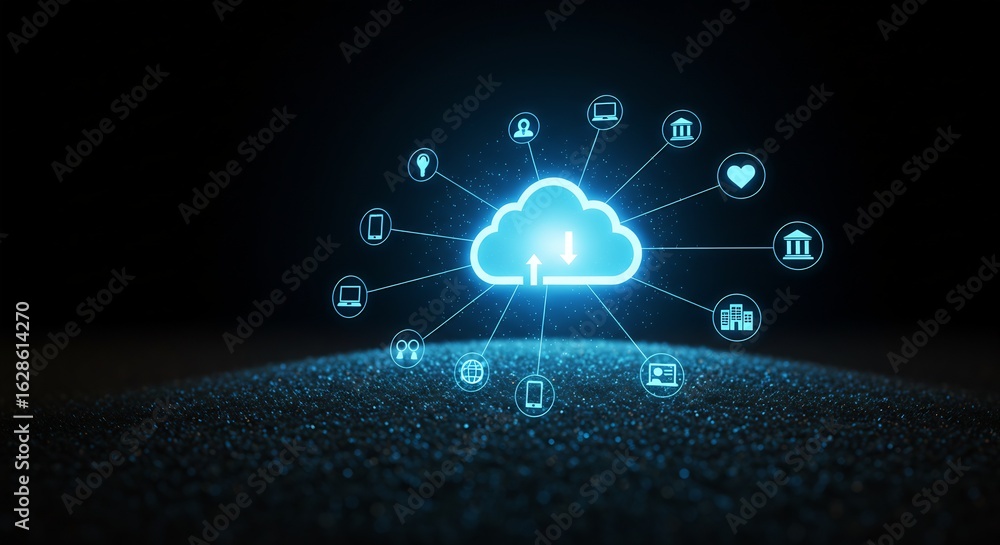 Poster futuristic cloud computing illustration with connected icons representing data storage, technology, 