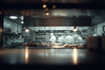 Busy professional restaurant kitchen with chefs in blurred motion.