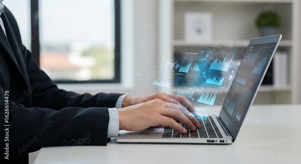 Poster businessman working on laptop with futuristic digital interface and data visualization in modern off