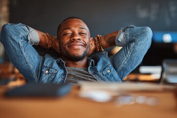 Relaxed young man enjoying a moment of tranquility in a casual workspace atmosphere after a productive day in the office