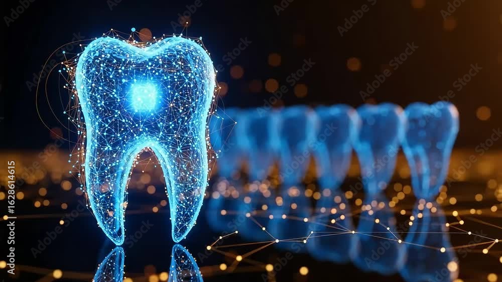 Poster a digital representation of a tooth is shown with a network of interconnected dots and lines