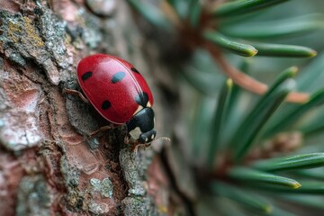 Obraz premium Bright red ladybug crawls on tree bark amidst green pine needles in a tranquil outdoor setting