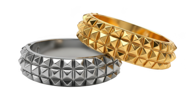 Gold and silver studded bangle bracelets isolated on transparent background