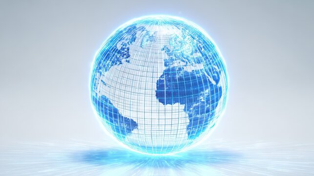 Rotating 3 D Wireframe Earth Globe Blue Light Grid Lines White Background isolated on a transparent background