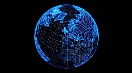 Rotating 3 D Wireframe Earth Globe Blue Neon Grid Lines isolated on a transparent background