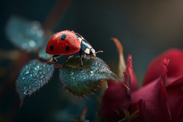 Fototapeta premium Ladybug rests on a rose leaf covered in dew on a misty morning in a vibrant garden
