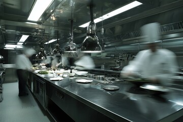 Busy professional restaurant kitchen with chefs in blurred motion.