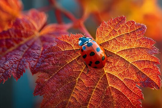 Colorful ladybug resting on vibrant autumn leaves in a serene natural setting - Powered by Adobe