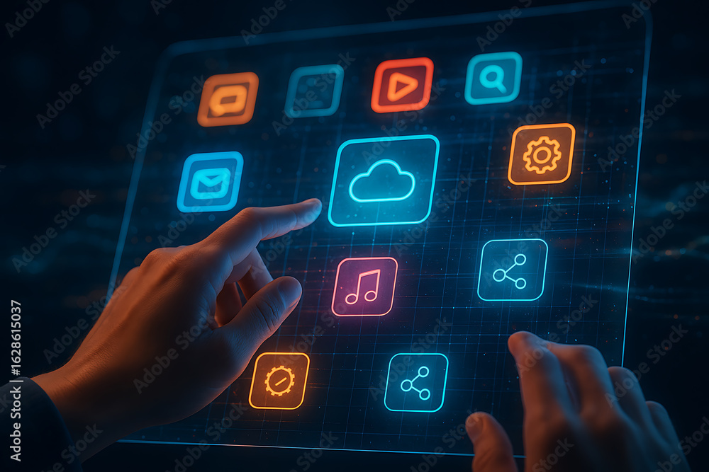 Poster hand interacting with futuristic digital interface, cloud computing and online services technology c