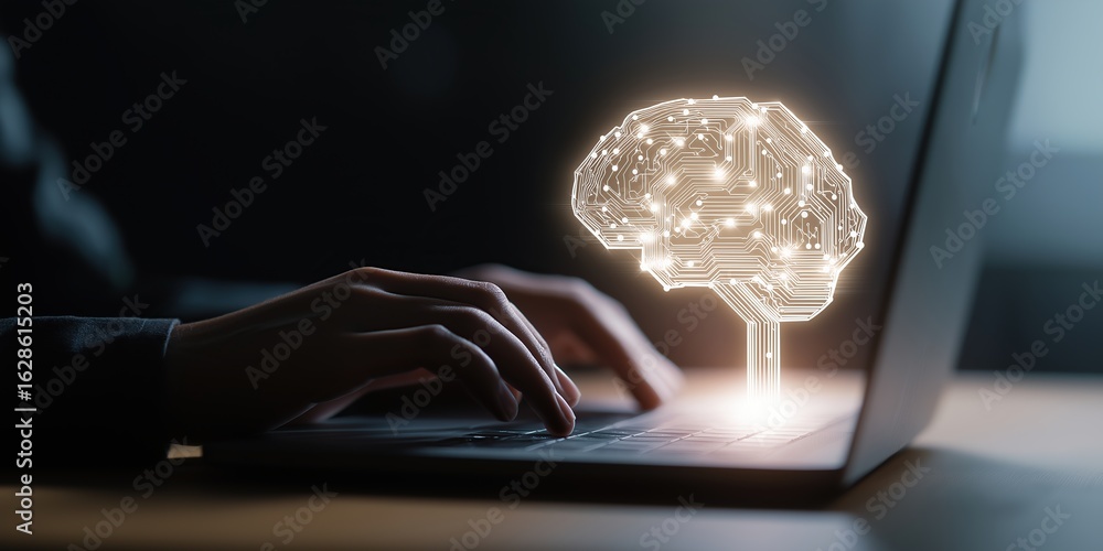 Fototapete machine learning and thinking ai – person working on laptop with glowing neural brain icon emerging 