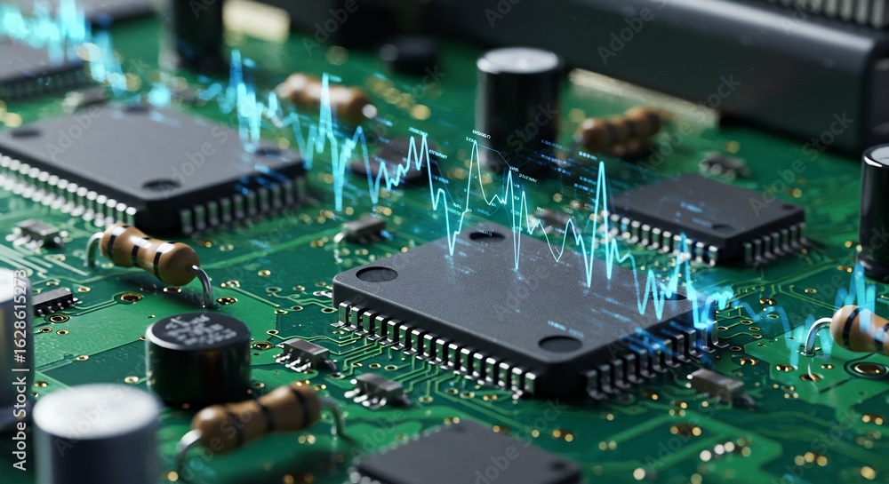 Poster futuristic visualization of electronic circuit board with glowing data flow and digital information 