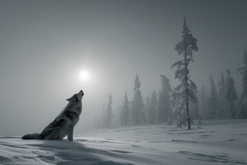 Wolf howls at the moon in a misty winter landscape during twilight