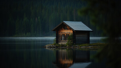 Fototapeta premium A small wooden cabin sits on a tiny island in a calm lake surrounded by a dense forest at dusk