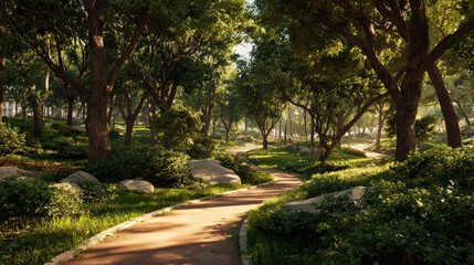 Winding Pathway Through Lush Green Park Sunlight Dappled Path Trees Foliage isolated on a transparent background