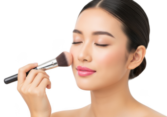 Asian woman applying makeup with a brush on her cheek, eyes closed, isolated on transparent background