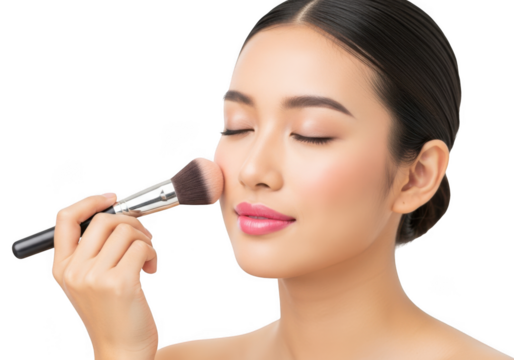 Asian woman applying makeup with a brush on her cheek, eyes closed, isolated on transparent background