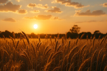 Fototapeta premium Golden wheat field stretches endlessly under warm glowing sunset sky