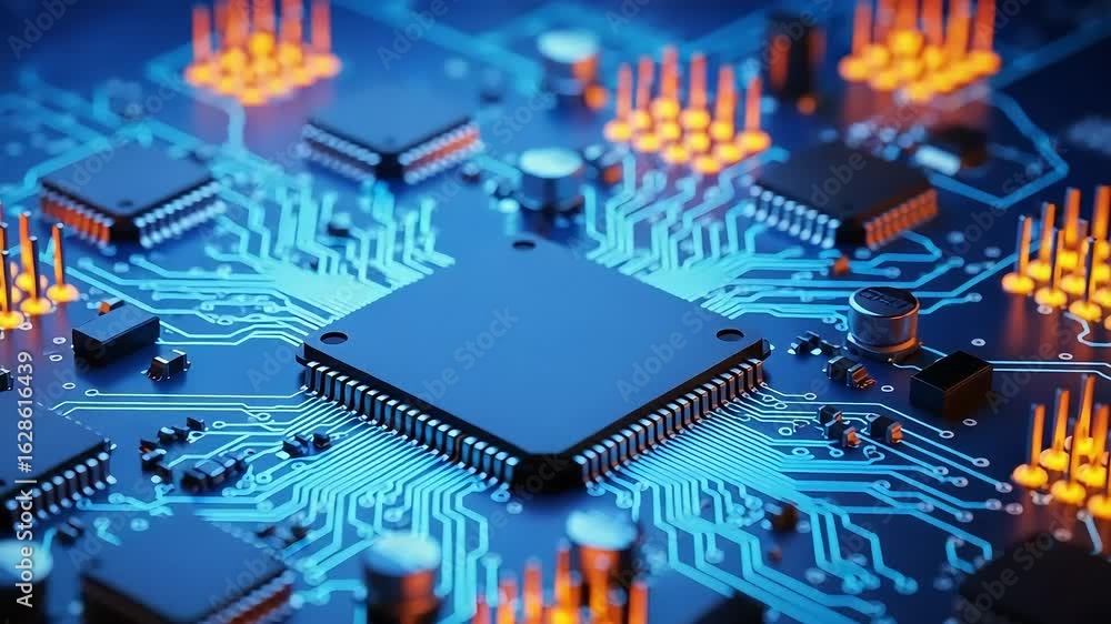 Poster a closeup view of a complex electronic circuit board with glowing blue traces and orange components 