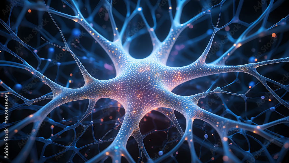 Poster abstract visualization of a glowing blue neuron with orange sparks, representing neural network acti