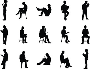 Silhouettes of People Reading and Writing, Using Books or Tablets, Seated or Standing, Engaged in Study, Grid Layout, Creative Design