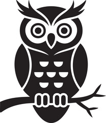 Black and white vector illustration of an owl perched on a branch ideal for Halloween designs and educational purposes for all ages