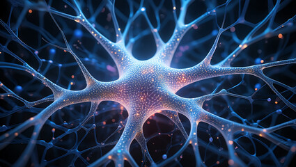 Abstract visualization of a glowing blue neuron with orange sparks, representing neural network activity