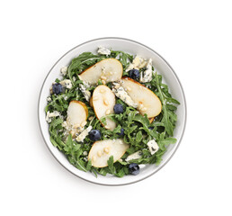 Tasty salad with arugula, pear, blue cheese, peanuts and blueberries in bowl isolated on white, top view