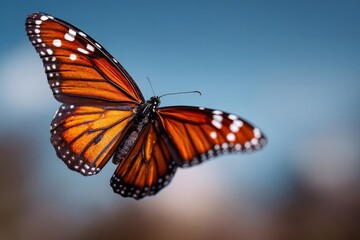 Fototapeta premium Colorful monarch butterfly flying in a vibrant blue sky during a sunny day in a natural habitat