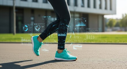 Futuristic Fitness Technology: A runner with leggings and teal sneakers, showing data visualizations and analytics while exercising outdoors on a sunny day