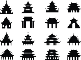Traditional Asian architecture silhouette set featuring temples, pagodas, and gates, perfect for heritage design, tourism, culture illustration themes