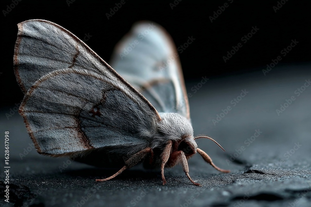 Poster close-up view of a gray moth resting on a dark surface showcasing intricate wing patterns and textur