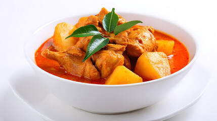 Delicious Kari Ayam Malaysia in Bowl with Potatoes and Fresh Leaves – High-Resolution Photorealistic Image