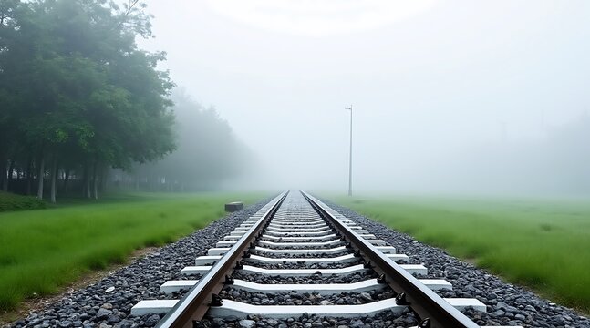 Train tracks disappear into thick fog with green grass and trees railway transportation