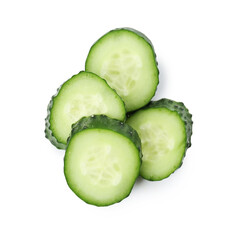Slices of fresh cucumber isolated on white, top view
