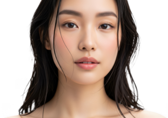 Closeup portrait of a young asian woman with wet hair, showcasing her flawless skin and natural beauty, isolated on transparent background