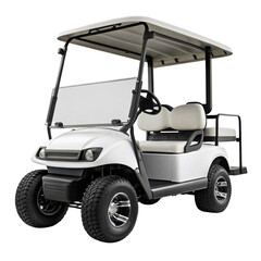 A white golf cart is isolated on a transparent background