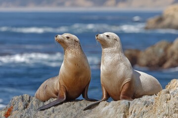 Two sea lions relaxing on rocky shore near the ocean during a sunny day in California