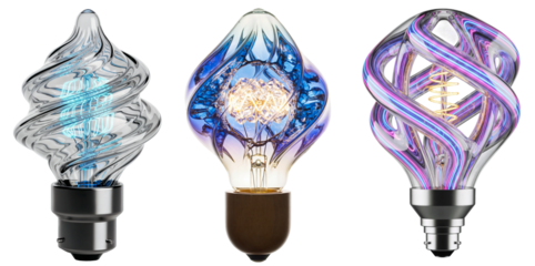 a bundle of three unique lightbulbs with decorative filaments and glass