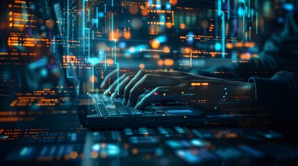 Hacker Typing on Laptop with Digital Data Overlay