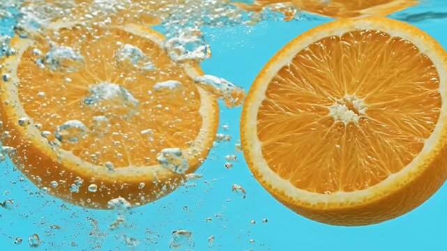 Vibrant Orange Slices Immersed in Clean Water with Effervescent Bubbles Against a Clear Blue Backdrop for Healthy Lifestyle and Freshness