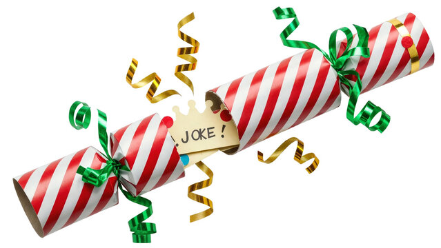 a vibrant red and white christmas cracker bursting with a joke
