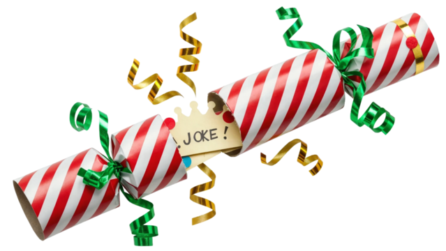 a vibrant red and white christmas cracker bursting with a joke