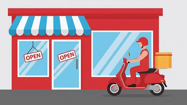 Vibrant Red Storefront with Blue Awning and Welcoming Open Signs Ideal for Showcasing Small Business Retail or Cafe Ready for Customers Featuring Flat Design Il