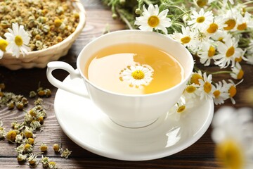 Tasty chamomile tea and flowers on wooden table, closeup