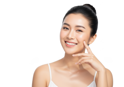 Joyful young asian woman with hair in a bun, smiling and touching her cheek, isolated on transparent background