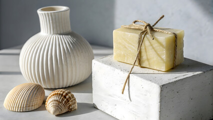 Minimalist Still Life with White Vase, Soap Bar, and Seashells ribbed vase
