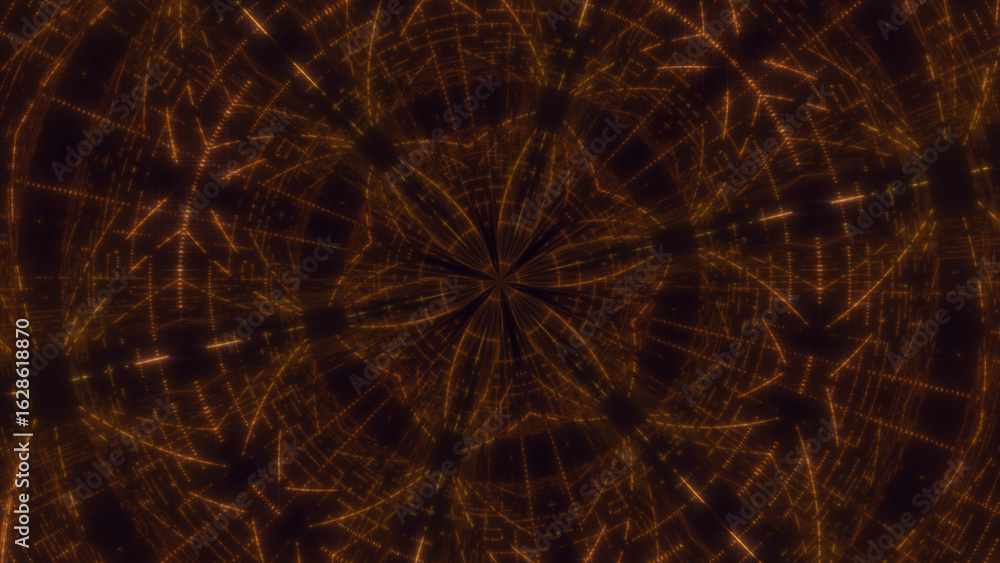 Poster kaleidoscope seamless loop sequence patterns abstract orange motion graphics background. 3d animatio