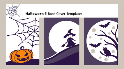 Three halloween themed illustrations featuring a pumpkin, witch, bats and owl against a moon background
